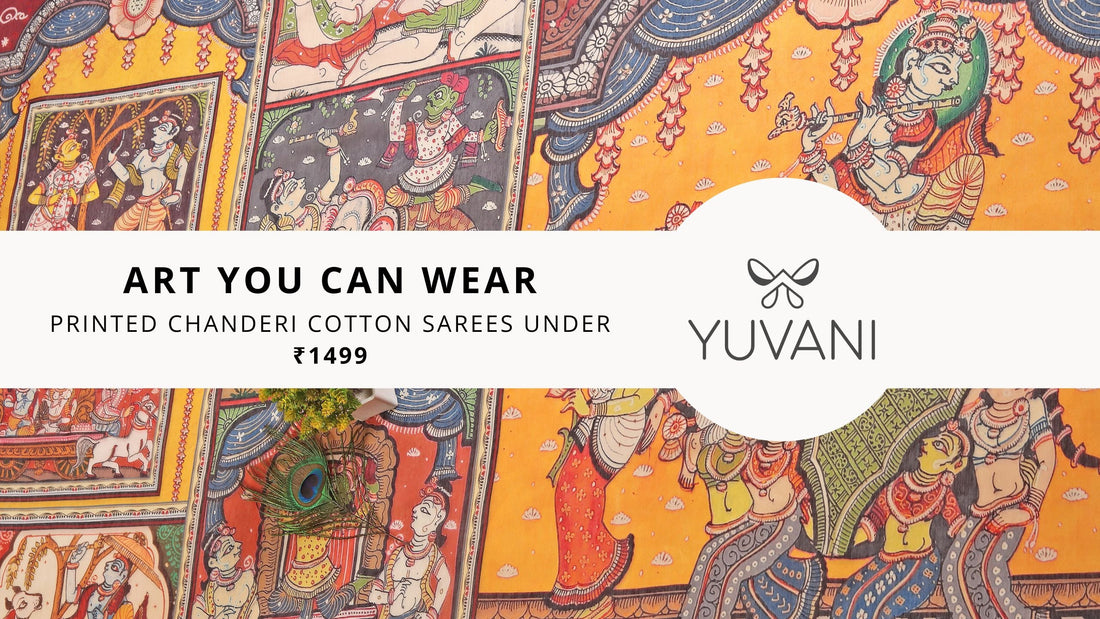 Beautiful Chanderi cotton saree with Radha Krishna print in subtle colors — soft, breathable, and under ₹1499 at Yuvani Vesture