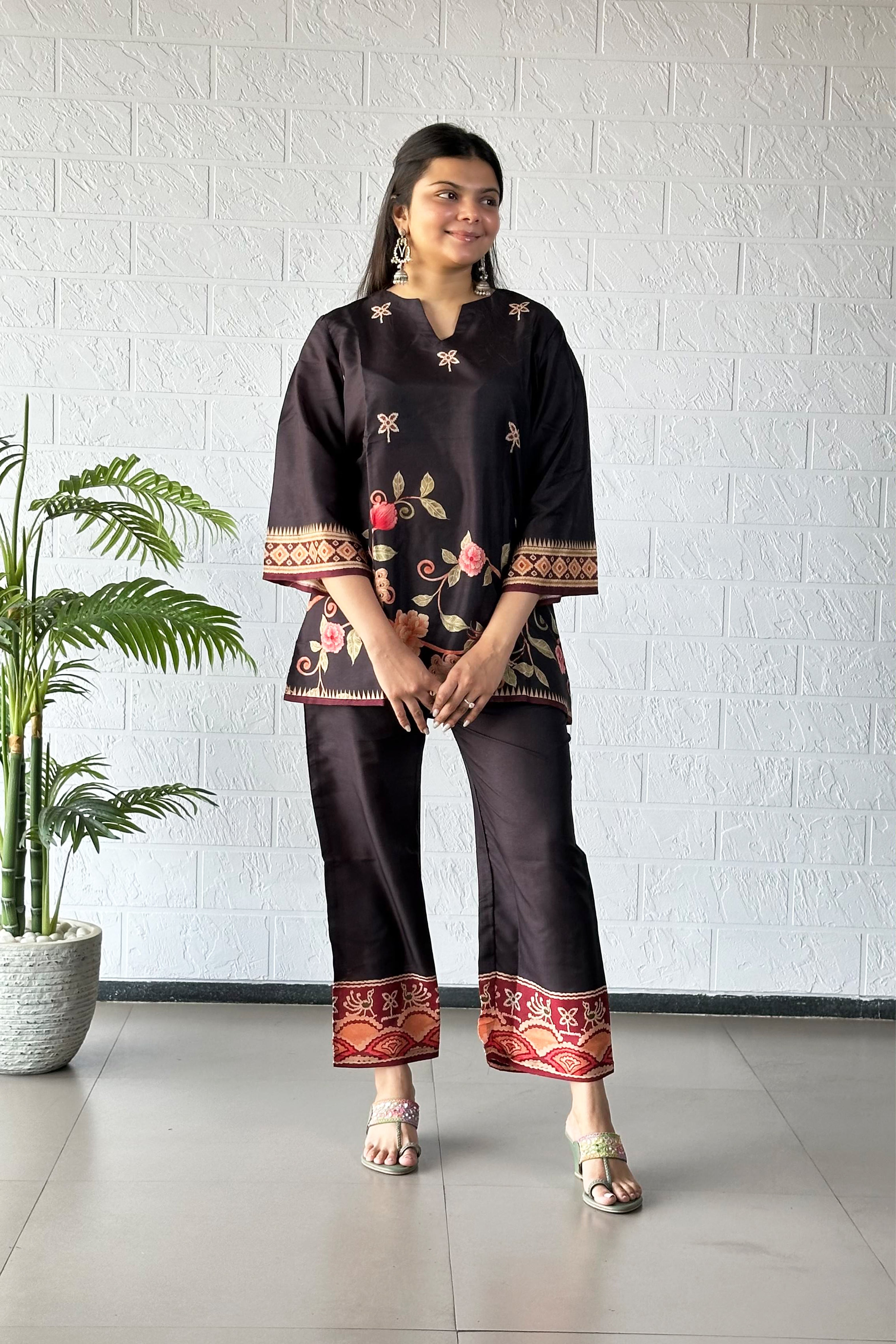 Beige Floral Cotton Coord Set for Women