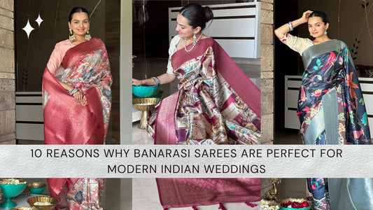 Woman wearing a printed Banarasi saree from Yuvani’s Rangmayi collection – perfect for Indian weddings