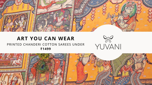 Beautiful Chanderi cotton saree with Radha Krishna print in subtle colors — soft, breathable, and under ₹1499 at Yuvani Vesture