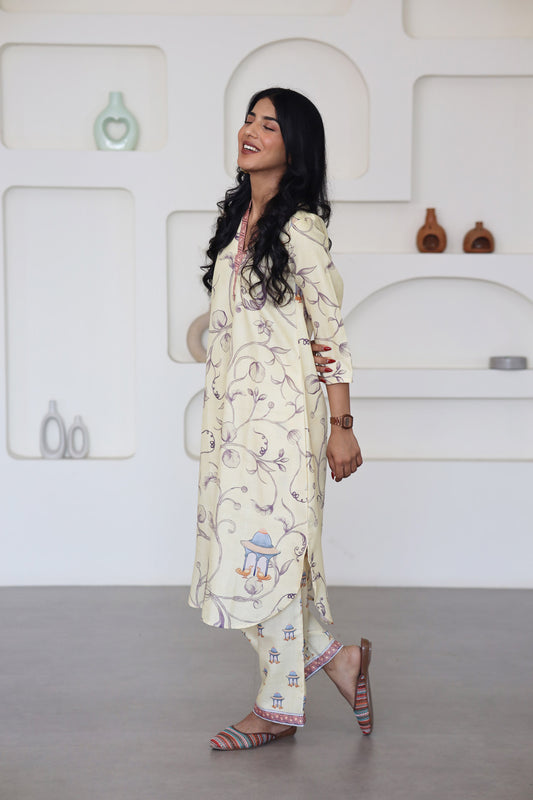 Yellow Pastel Printed Kurti Set