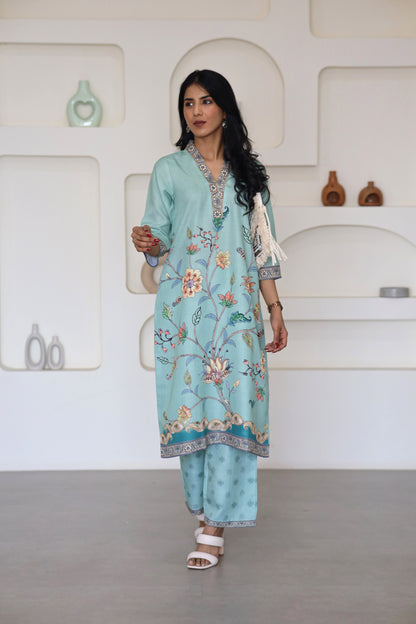 Green Floral Printed Kurti Set