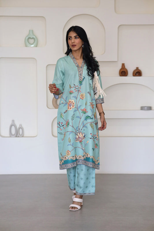 Green Floral Printed Kurti Set