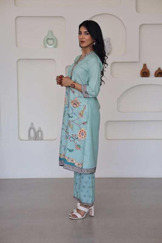 Green Floral Printed Kurti Set