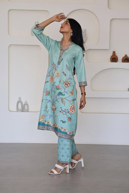 Green Floral Printed Kurti Set