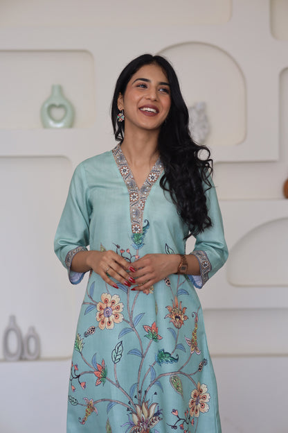 Green Floral Printed Kurti Set