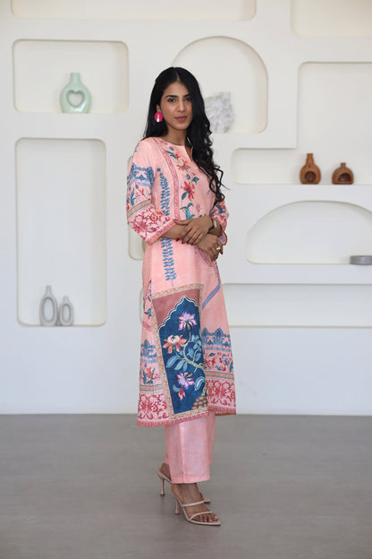Peach Floral Printed Kurti Set