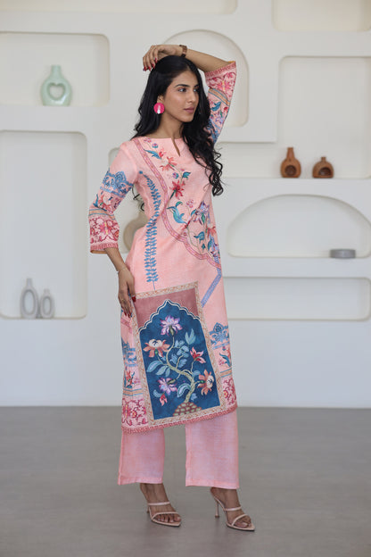 Peach Floral Printed Kurti Set
