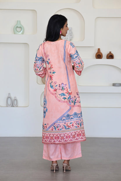 Peach Floral Printed Kurti Set