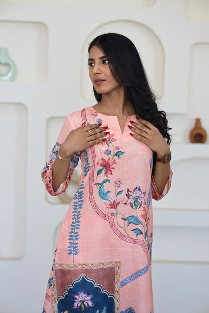 Peach Floral Printed Kurti Set