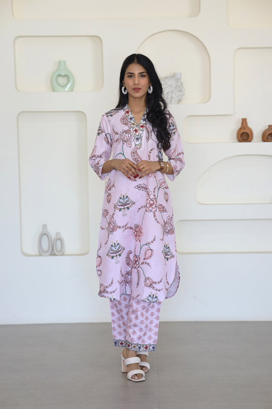 Pink Floral Printed Kurti Set