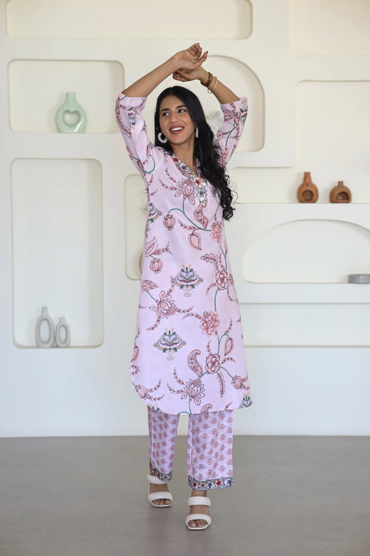 Pink Floral Printed Kurti Set