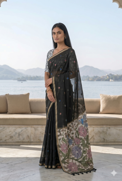 Black Cotton Jamdani Saree with Woven Floral Pallu