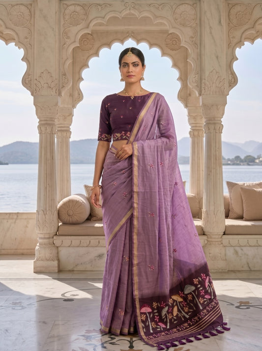 Purple Jamdani Saree with Floral Pallu