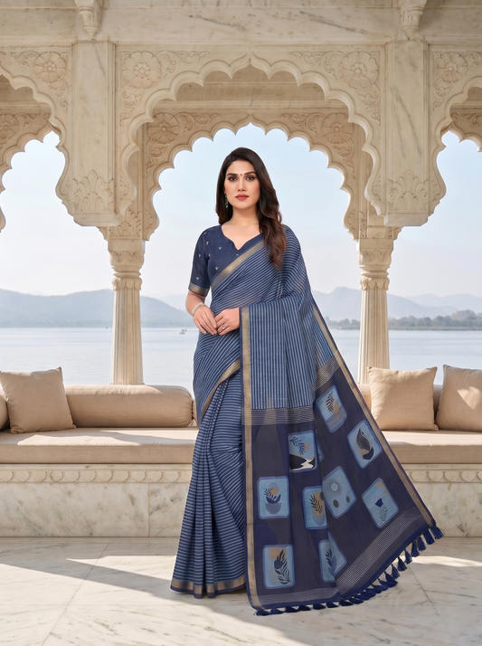 Indigo Jamdani Saree with Designer Pallu