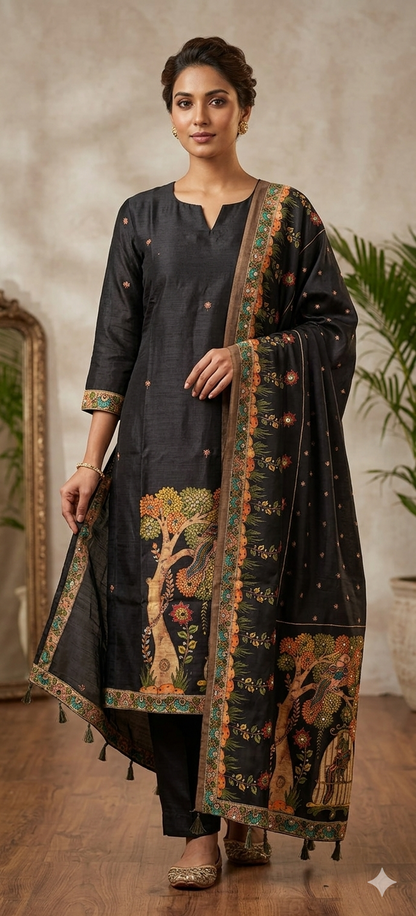 Black Madhubani Hand Embroidered Kurta Set with Dupatta