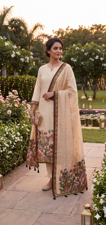 Off-White Kalamkari Hand Embroidered Kurta Set with Dupatta