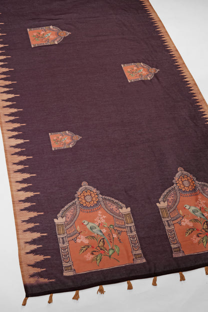 Brown Mughal Bird Print Handwork Chanderi Cotton Saree