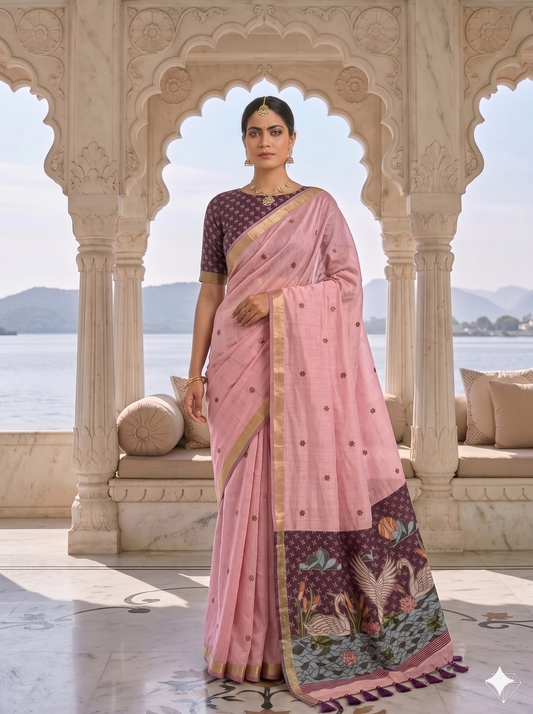 Blush Pink Jamdani Saree with Swan Motif Pallu