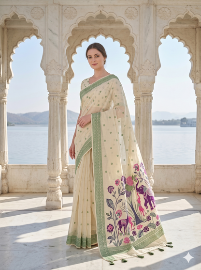 Cream Jamdani Saree with Elephant and Floral Pallu