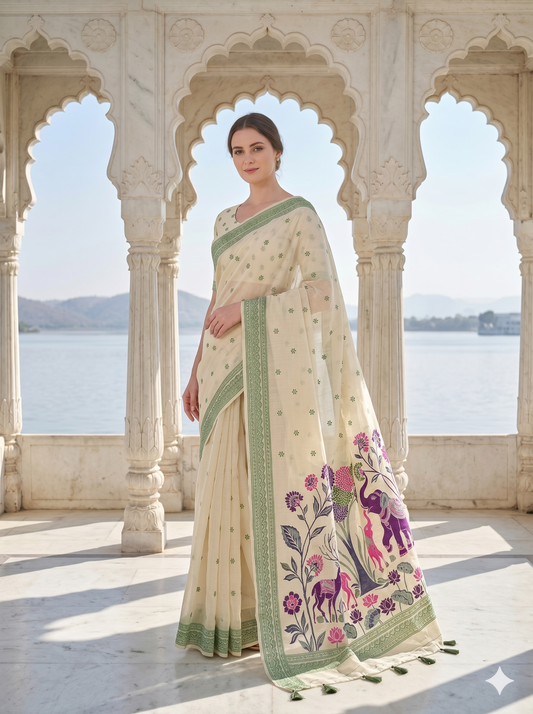 Cream Jamdani Saree with Elephant and Floral Pallu