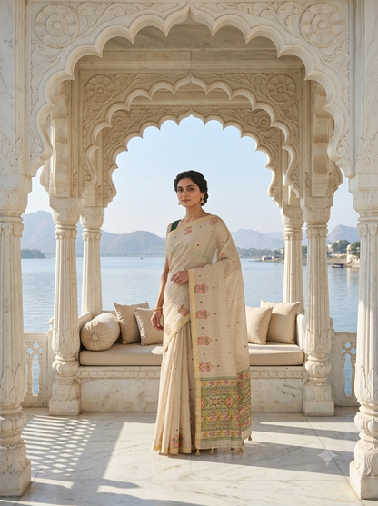 Cream Cotton Jamdani Saree with Floral Border