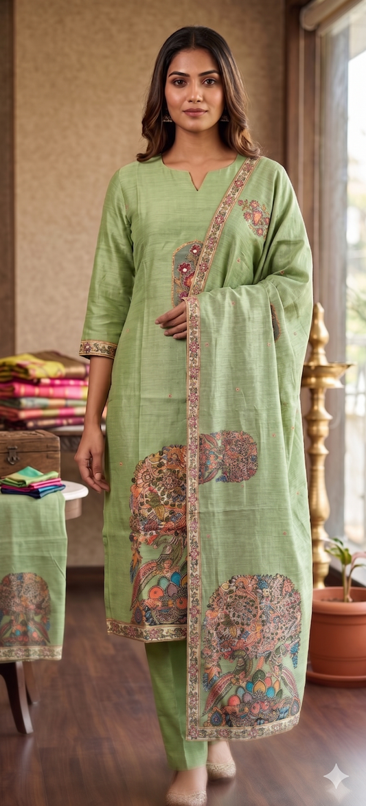 Sage Green Kalamkari Hand Embroidered Kurta Set with Dupatta