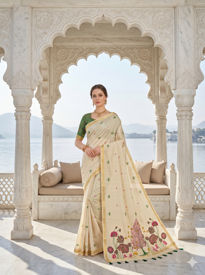 Cream Jamdani Saree with Floral Pallu