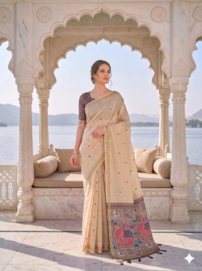 Beige Jamdani Saree with Elephant Motif Pallu