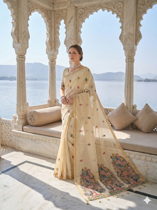 Cream Floral Jamdani Saree with Designer Pallu