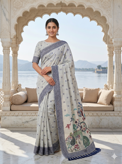 Light Grey Jamdani Saree with Peacock Pallu