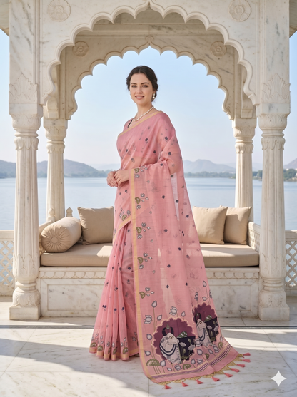 Pink Cotton Jamdani Saree with Pichwai Pallu