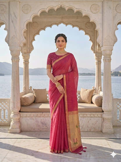 Rani Pink Jamdani Saree with Bird Motif Pallu
