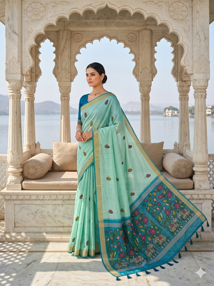 Sea Green Jamdani Saree with Elephant Pallu