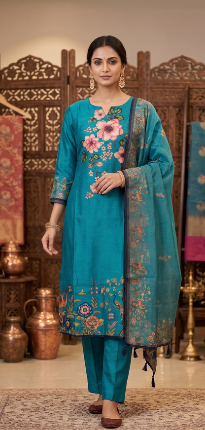 Teal Blue Floral Print Suit Set
