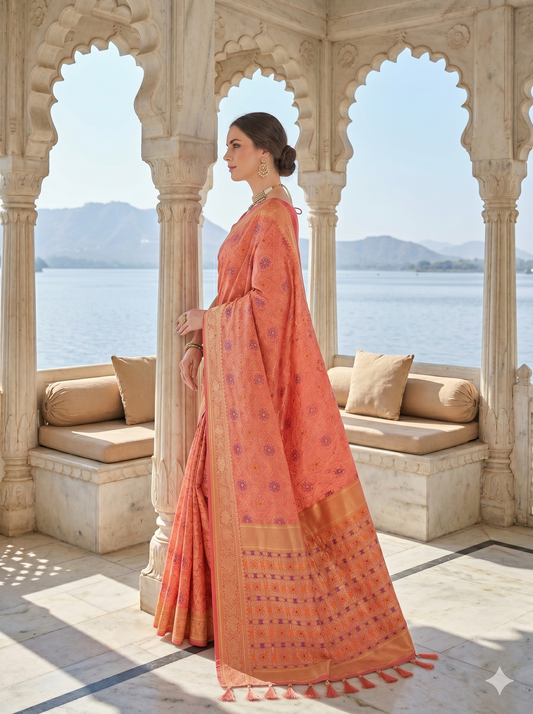 Coral Patola Saree with Woven Zari Design