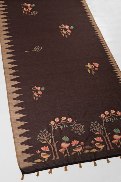 Brown Bird & Tree Print Handwork Chanderi Cotton Saree