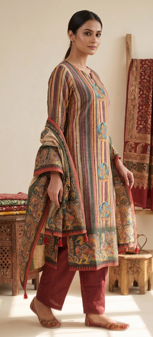 Red Kalamkari Chanderi Hand Embroidered Kurta Set with Dupatta