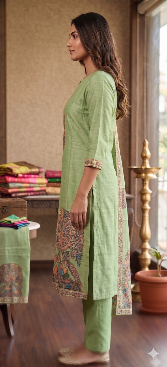Sage Green Kalamkari Hand Embroidered Kurta Set with Dupatta