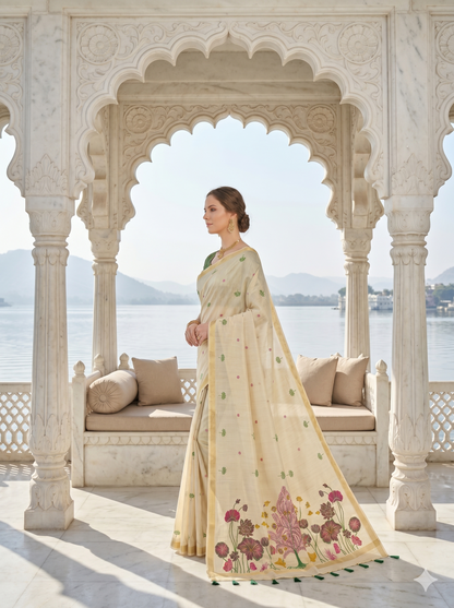 Cream Jamdani Saree with Floral Pallu