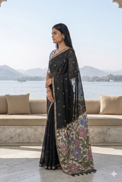 Black Cotton Jamdani Saree with Woven Floral Pallu