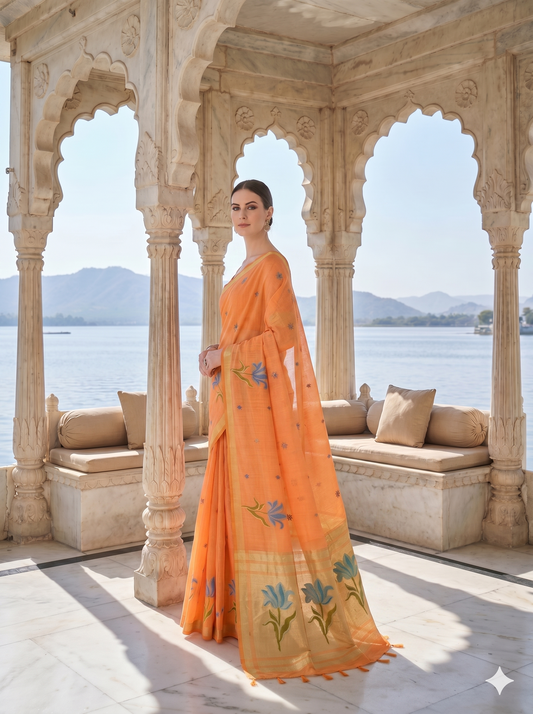 Orange Woven Saree with Floral Pallu