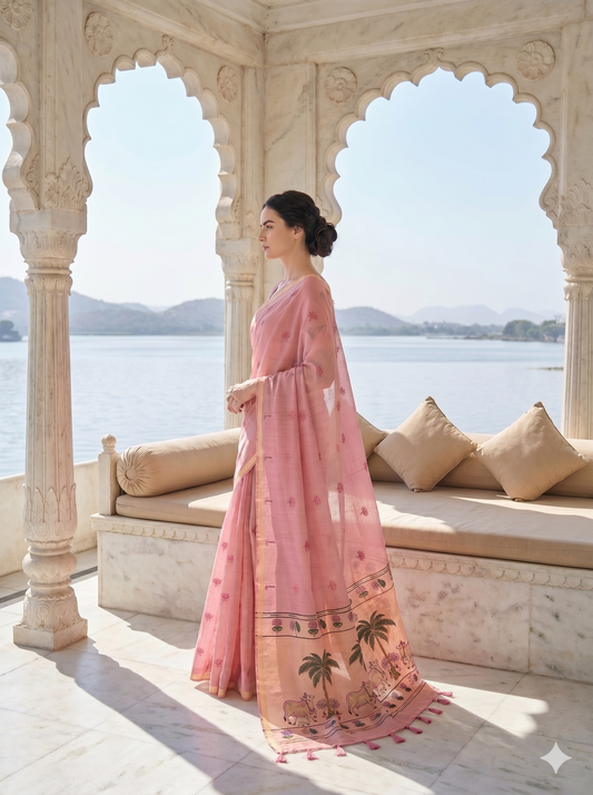 Pink Woven Saree with Pichwai Pallu