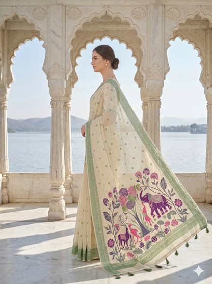 Cream Jamdani Saree with Elephant and Floral Pallu