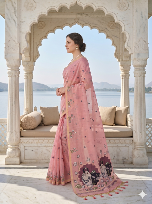 Pink Cotton Jamdani Saree with Pichwai Pallu