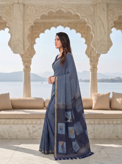 Indigo Jamdani Saree with Designer Pallu