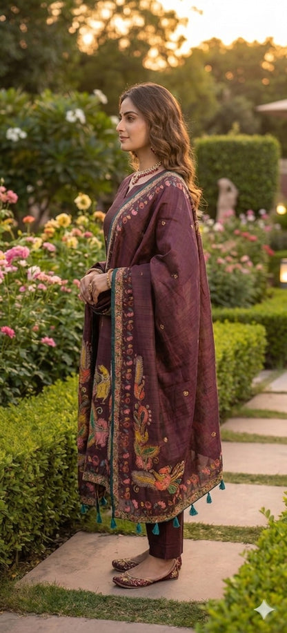 Maroon Kalamkari Hand Embroidered Kurta Set with Dupatta