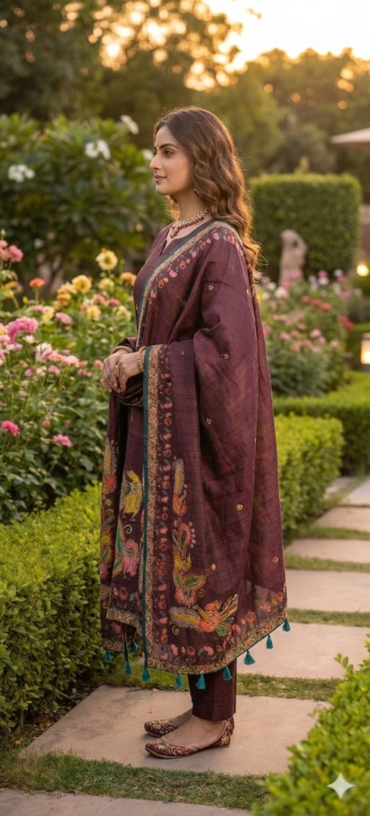 Maroon Kalamkari Hand Embroidered Kurta Set with Dupatta