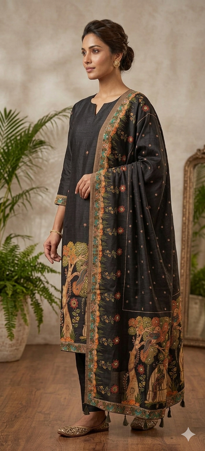 Black Madhubani Hand Embroidered Kurta Set with Dupatta