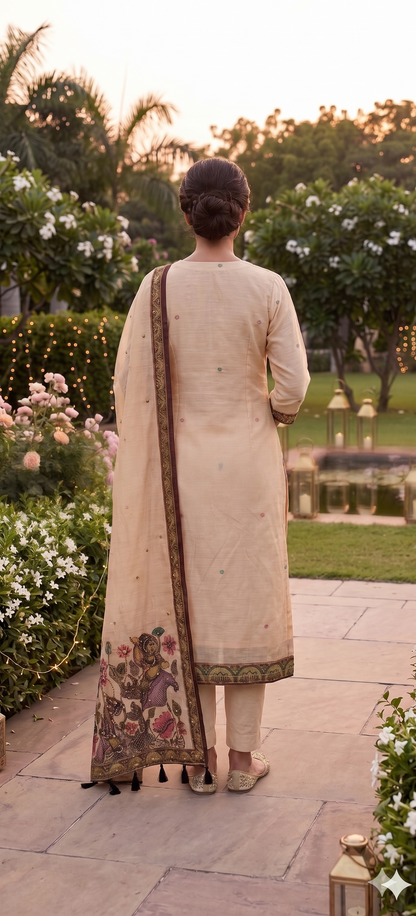 Off-White Kalamkari Hand Embroidered Kurta Set with Dupatta
